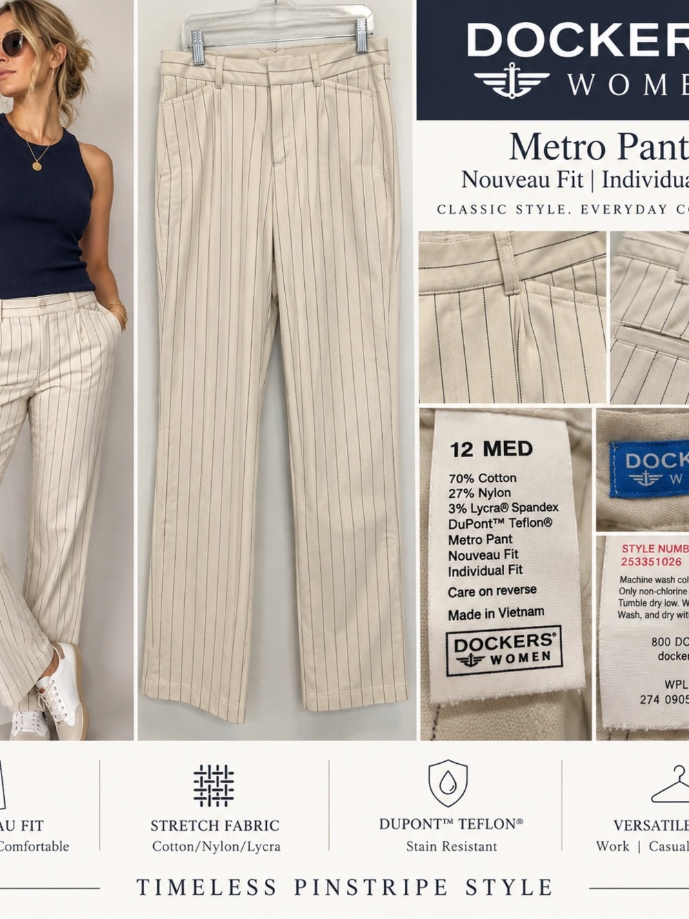 Dockers Women Y2K Metro Pinstripe Pants Size 12 Cream Navy Stretch Trousers